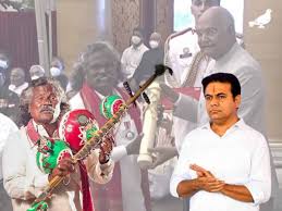 KTR meets Padma Shri Darshanam Mogulaiah, Telangana folk artist support, KTR promises eye treatment, land dispute solution, LV Prasad Eye Hospital treatment, Rangareddy Collector phone call